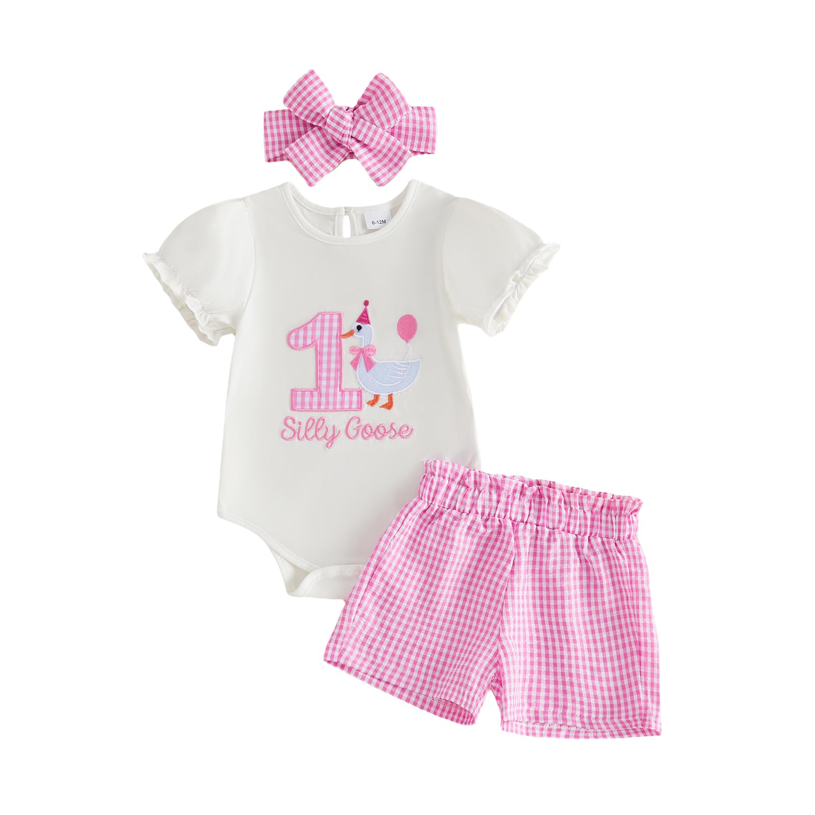 Baby Girl 1st First Birthday Outfit One Silly Goose Romper Short Sleeve Onesie Plaid Shorts Set Cake Smash Clothes