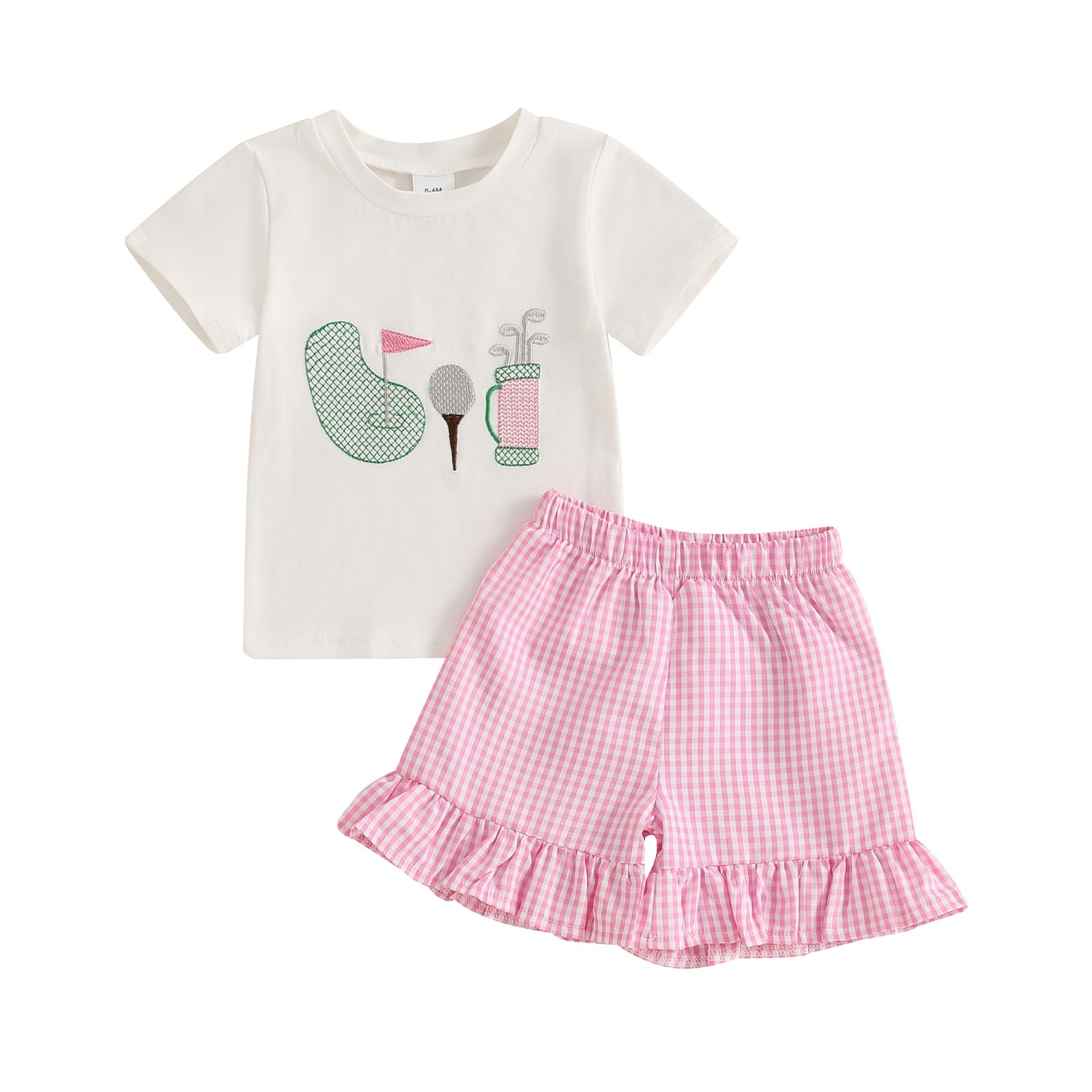 fhutpw Toddler Baby Girls Summer Clothes Smocked Short Sleeve T-Shirt Tops Ruffled Plaid Short Sets Cute Outfits 2Pcs