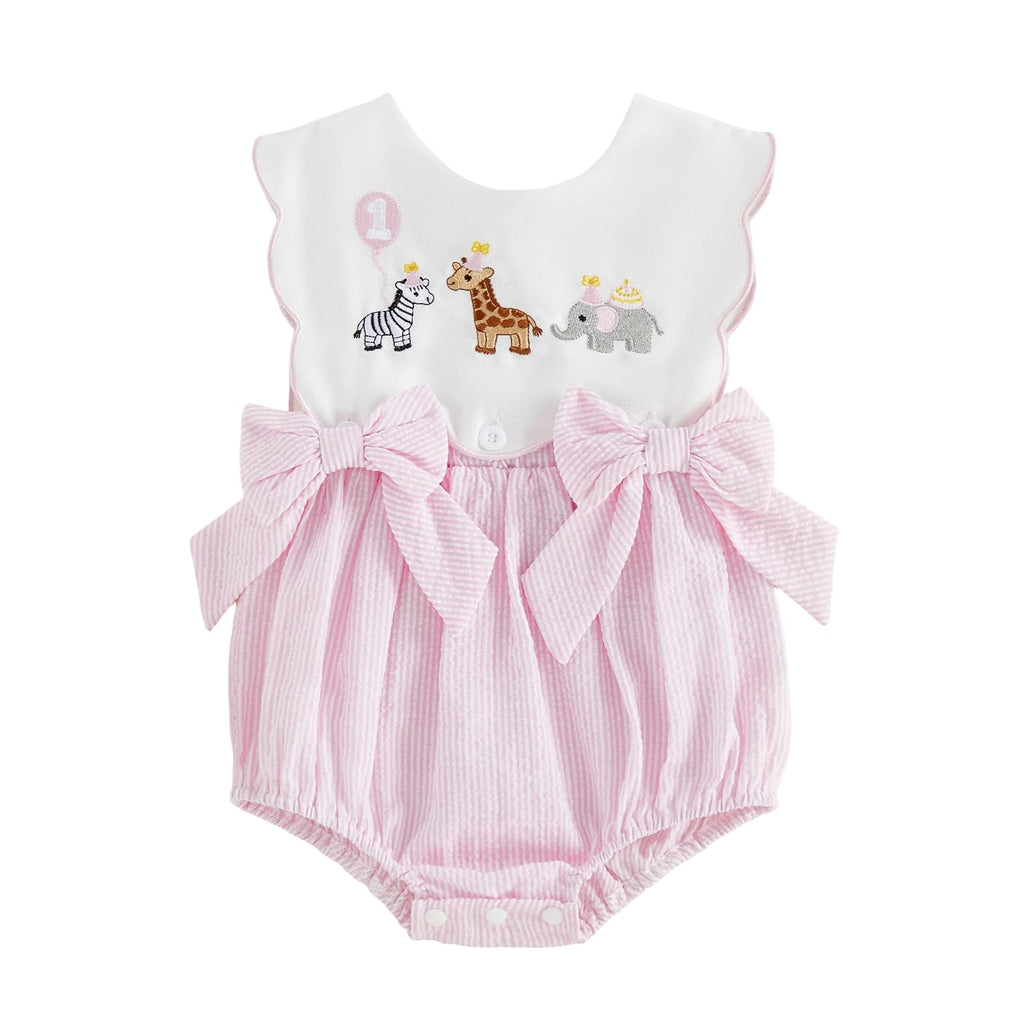 Toddler Baby Girl Birthday Outfit One Cake/Ice Cream/Animal Embroidery Romper Bow Stripe Bodysuit Cake Smash Outfit
