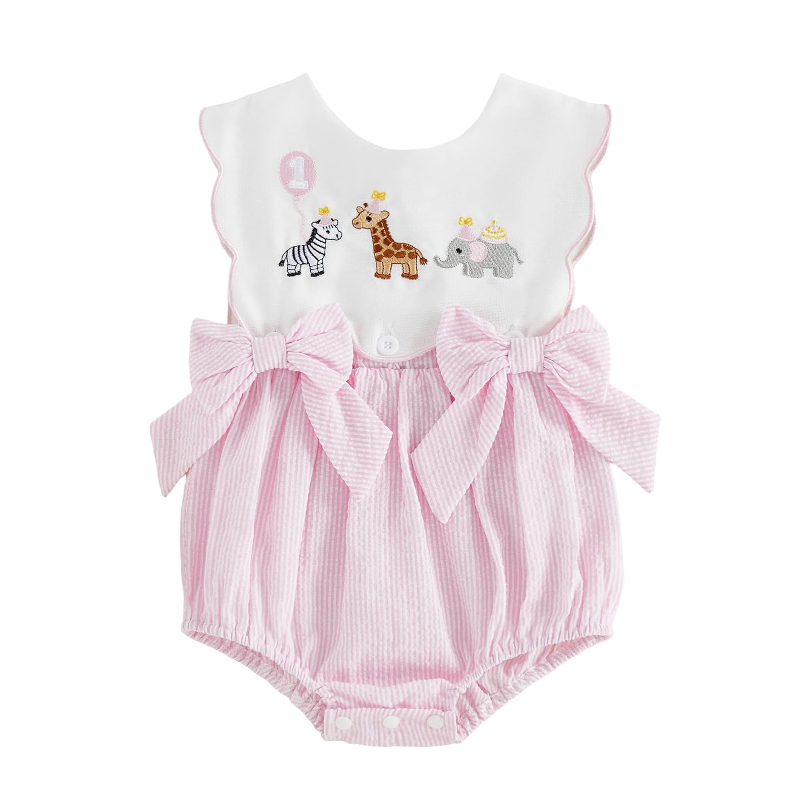 Toddler Baby Girl Birthday Outfit One Cake/Ice Cream/Animal Embroidery Romper Bow Stripe Bodysuit Cake Smash Outfit