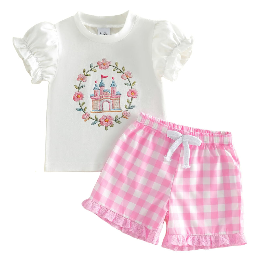 Toddler Baby Girl Summer Clothes Bow Castle T-Shirt Top Plaid Gingham Ruffle Shorts Set Infant Cake Smash Outfit