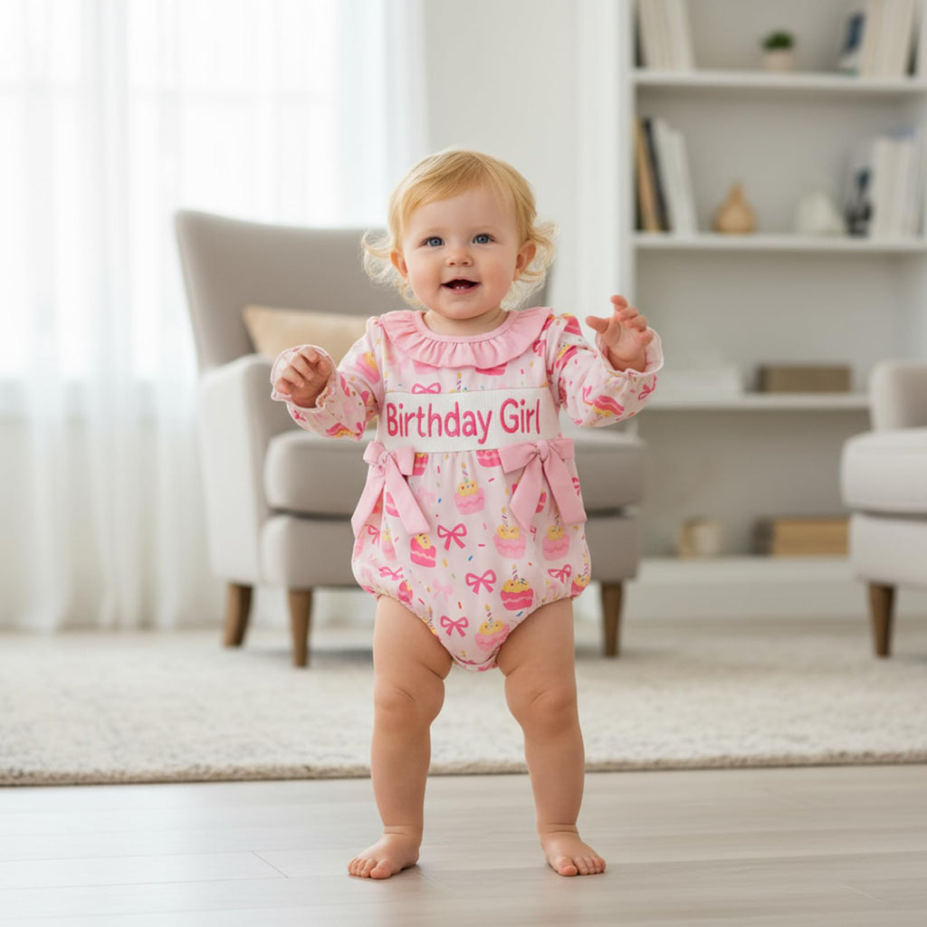 BemeyourBBs Baby Girl First Birthday Outfit 1st Birthday Cake Smocked Romper Jumpsuit One Year Clothes