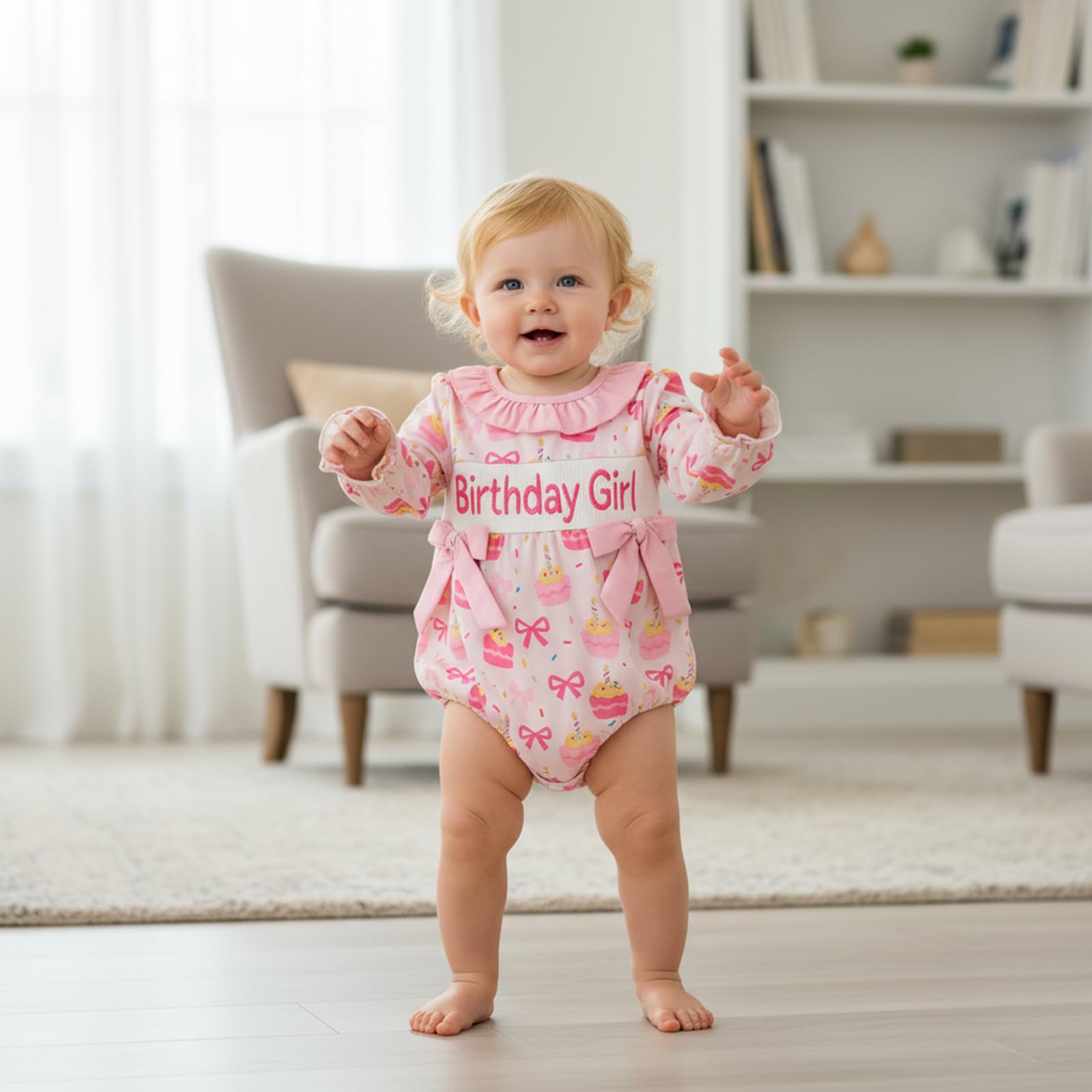 BemeyourBBs Baby Girl First Birthday Outfit 1st Birthday Cake Smocked Romper Jumpsuit One Year Clothes