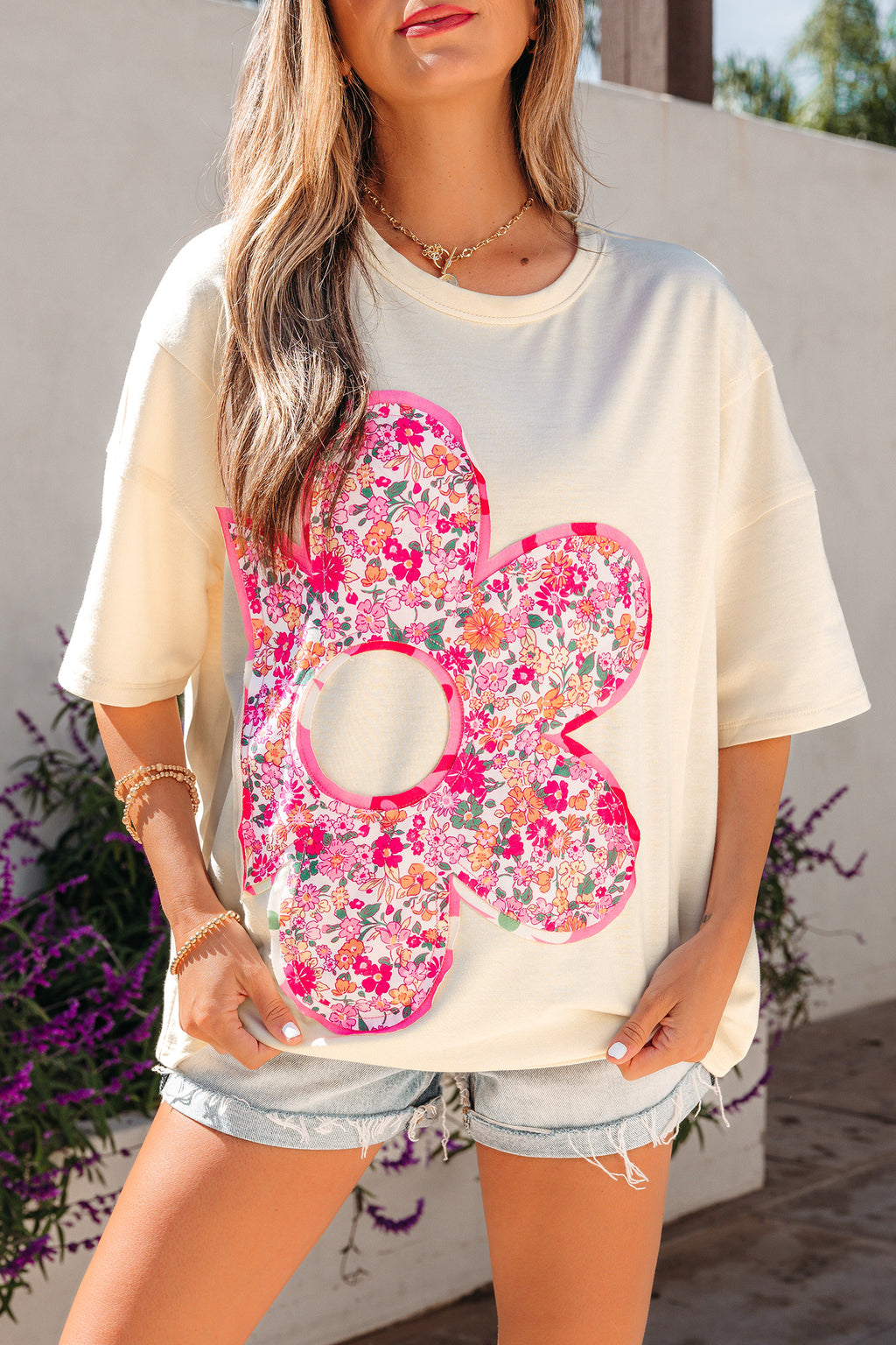 Bright Pink Floral Patched Raw Seam Big Flower Oversize Tee