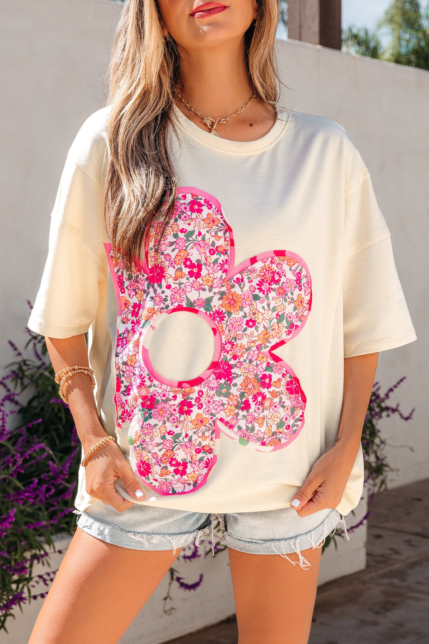 Bright Pink Floral Patched Raw Seam Big Flower Oversize Tee