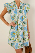 Beige Floral Print V Neck Triple Ruffle Short Sleeve Shift Mini Dress
