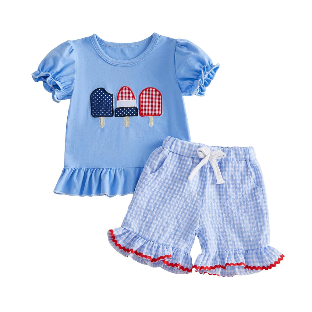 Karuedoo Toddler Baby Girl 4th of July Outfit Popsicle Embroidery Puff Sleeve Ruffle T Shirt Tops Plaid Shorts Set