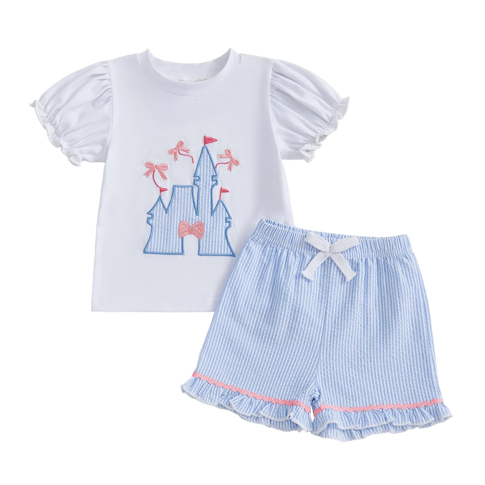 Toddler Baby Girl Summer Clothes Bow Castle T-Shirt Top Plaid Gingham Ruffle Shorts Set Infant Cake Smash Outfit