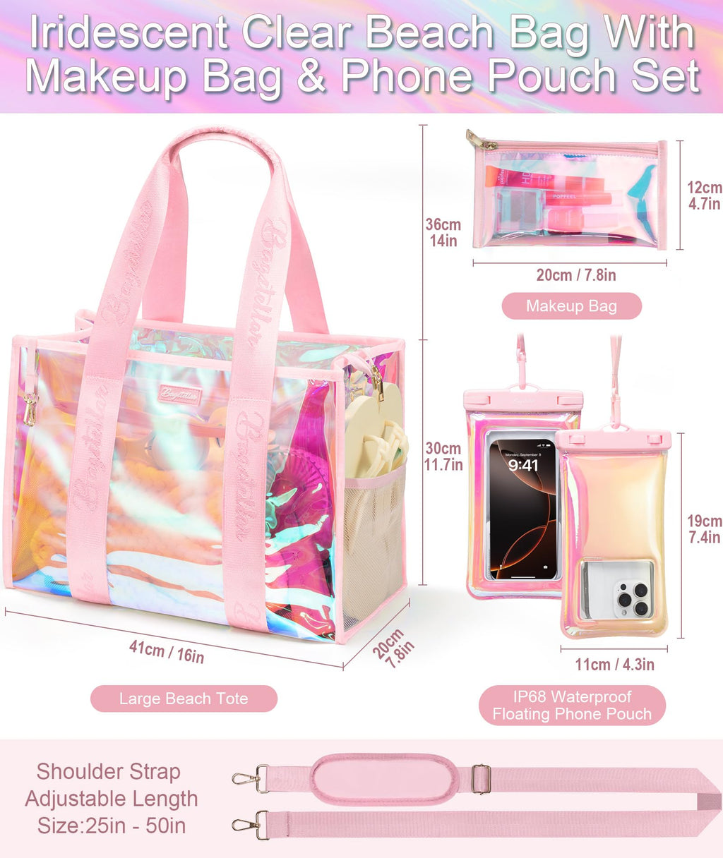Bagstellar Iridescent Beach Tote Bags for Women, Large Zipper Beach Pool Swim Bag with Makeup Bag & Waterproof Phone Pouch | Waterproof Sandproof