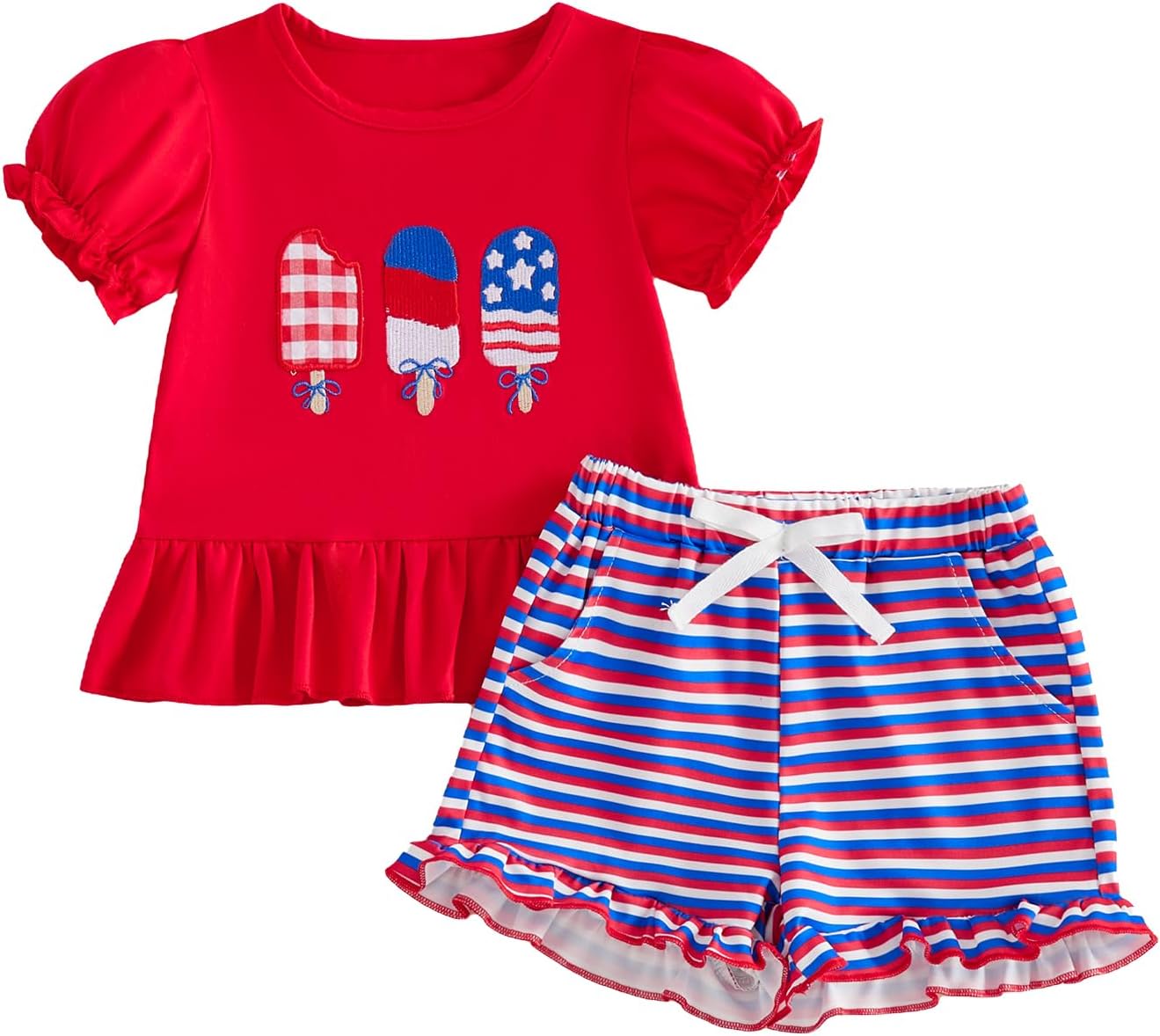 Karuedoo Toddler Baby Girl 4th of July Outfit Popsicle Embroidery Puff Sleeve Ruffle T Shirt Tops Plaid Shorts Set