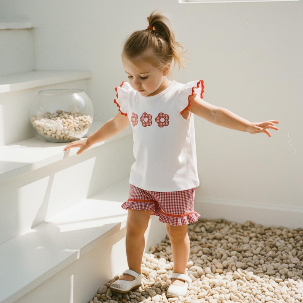 Toddler Baby Girl Outfit Summer Fly Sleeve Dessert House/Floral Embroidery T-shirt Top Shorts Pants 2PCS Clothes Set
