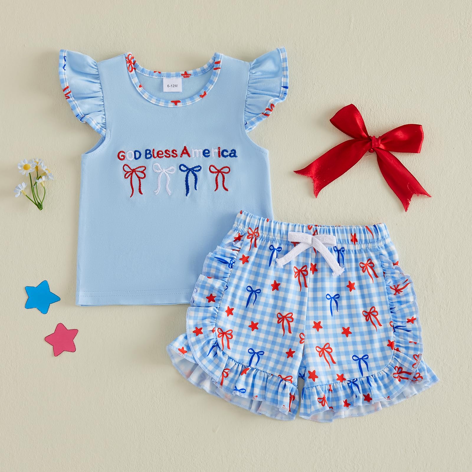 Toddler Girl 4th of July Outfit American Flag Embroidery T Shirt Top Ruffle Shorts Baby Independence Day Set 6M-4T