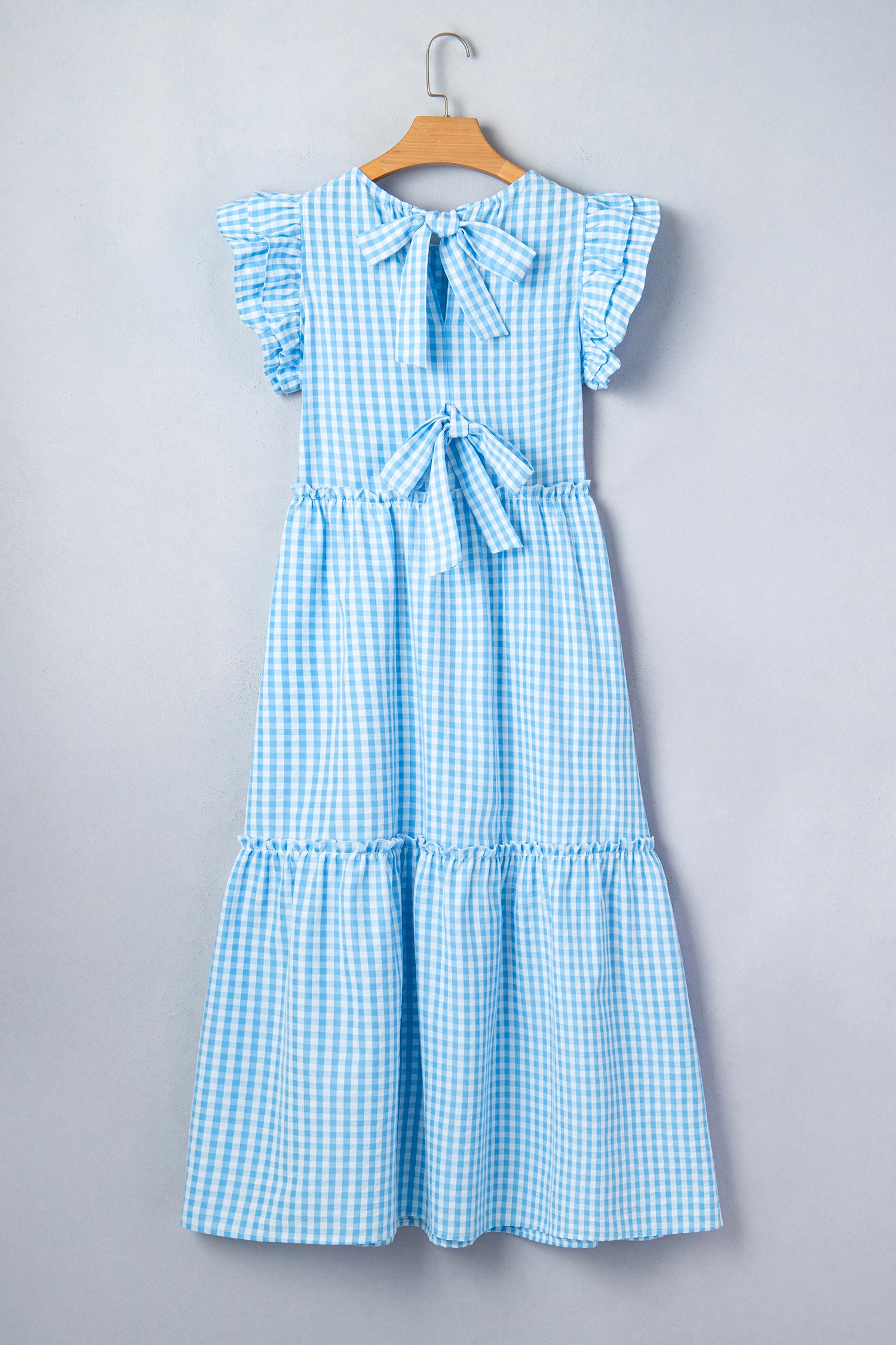 Sky Blue Knot Back Ruffled Short Sleeve Gingham Maxi Dress