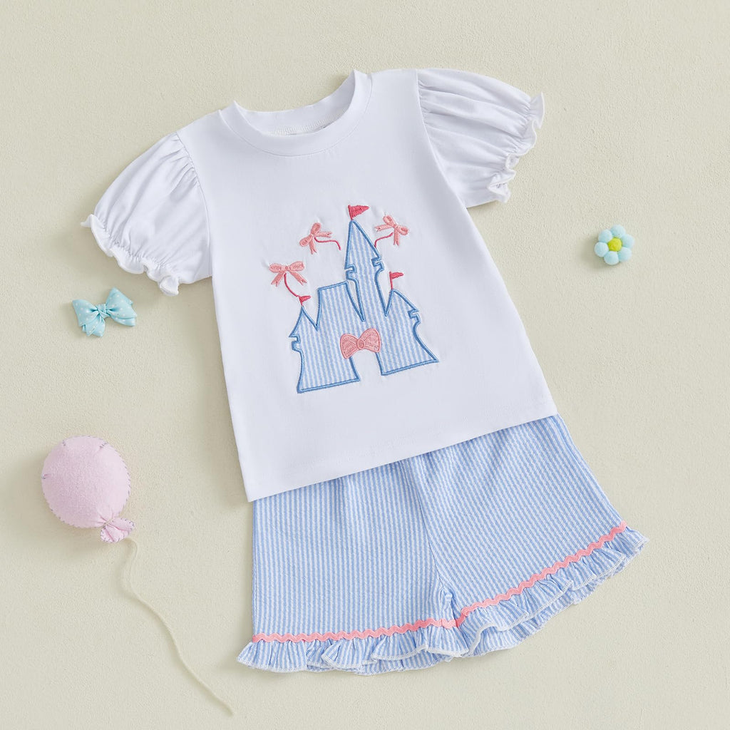 Toddler Baby Girl Summer Clothes Bow Castle T-Shirt Top Plaid Gingham Ruffle Shorts Set Infant Cake Smash Outfit