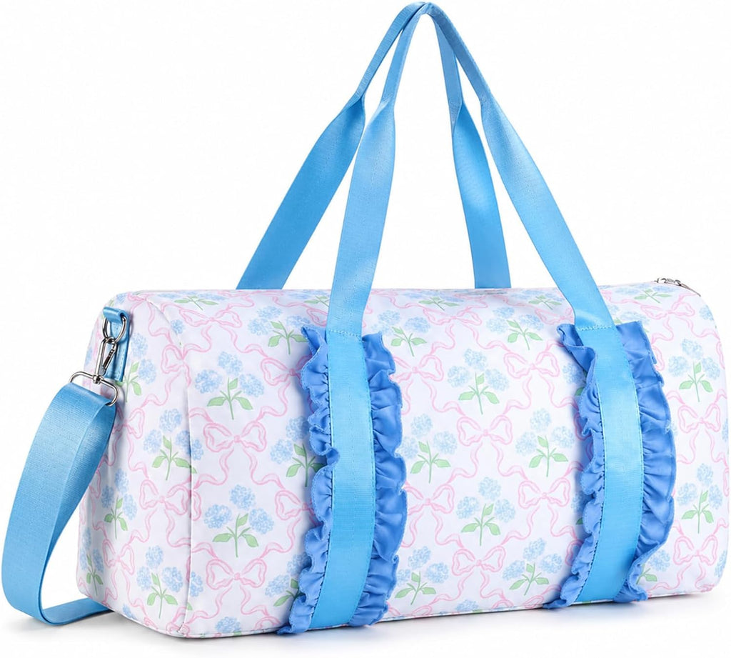 Hsei Blue Floral Bow Duffle Bag for Women Girls, Lightweight Nylon Cute Weekender Overnight Gym Bag with Detachable Shoulder Strap for Travel Dance Ballet Sleepover