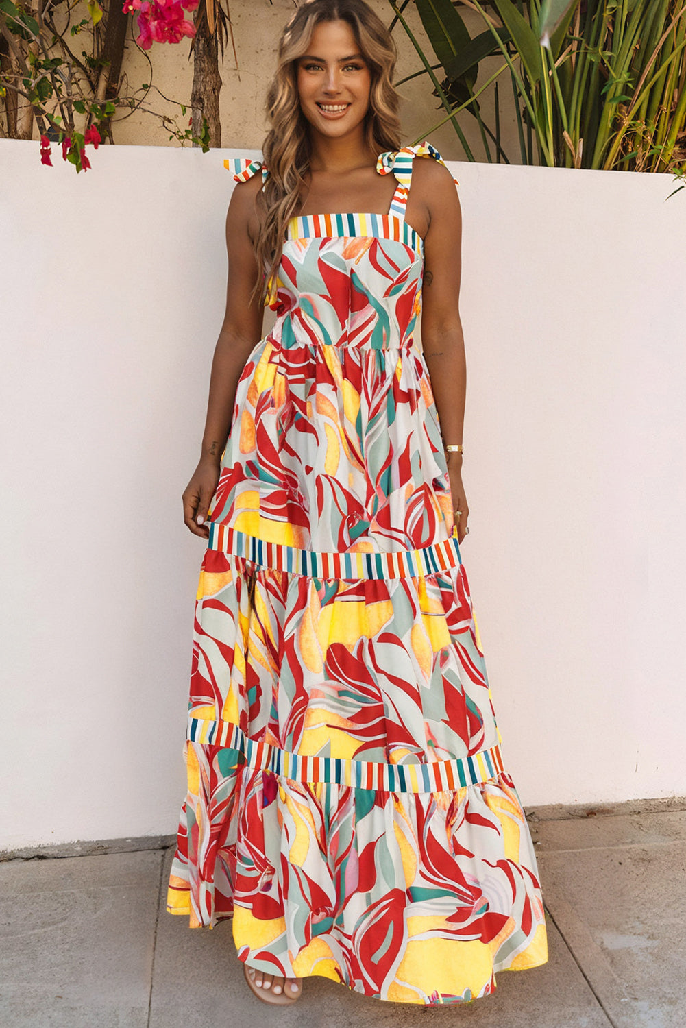 Multicolor Abstract Print Striped Detail Knot Strap Maxi Dress
