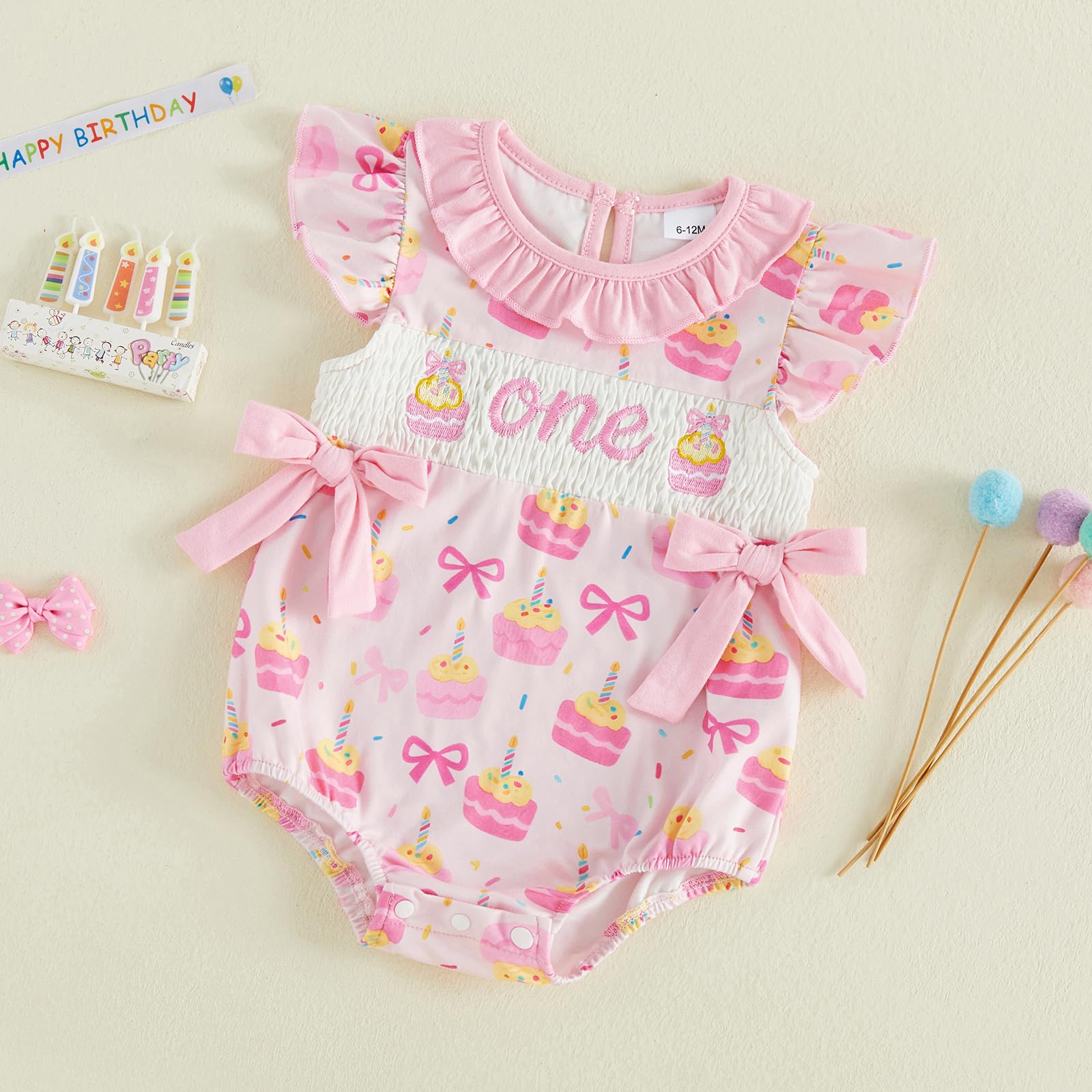 BemeyourBBs Baby Girl First Birthday Outfit 1st Birthday Cake Smocked Romper Jumpsuit One Year Clothes