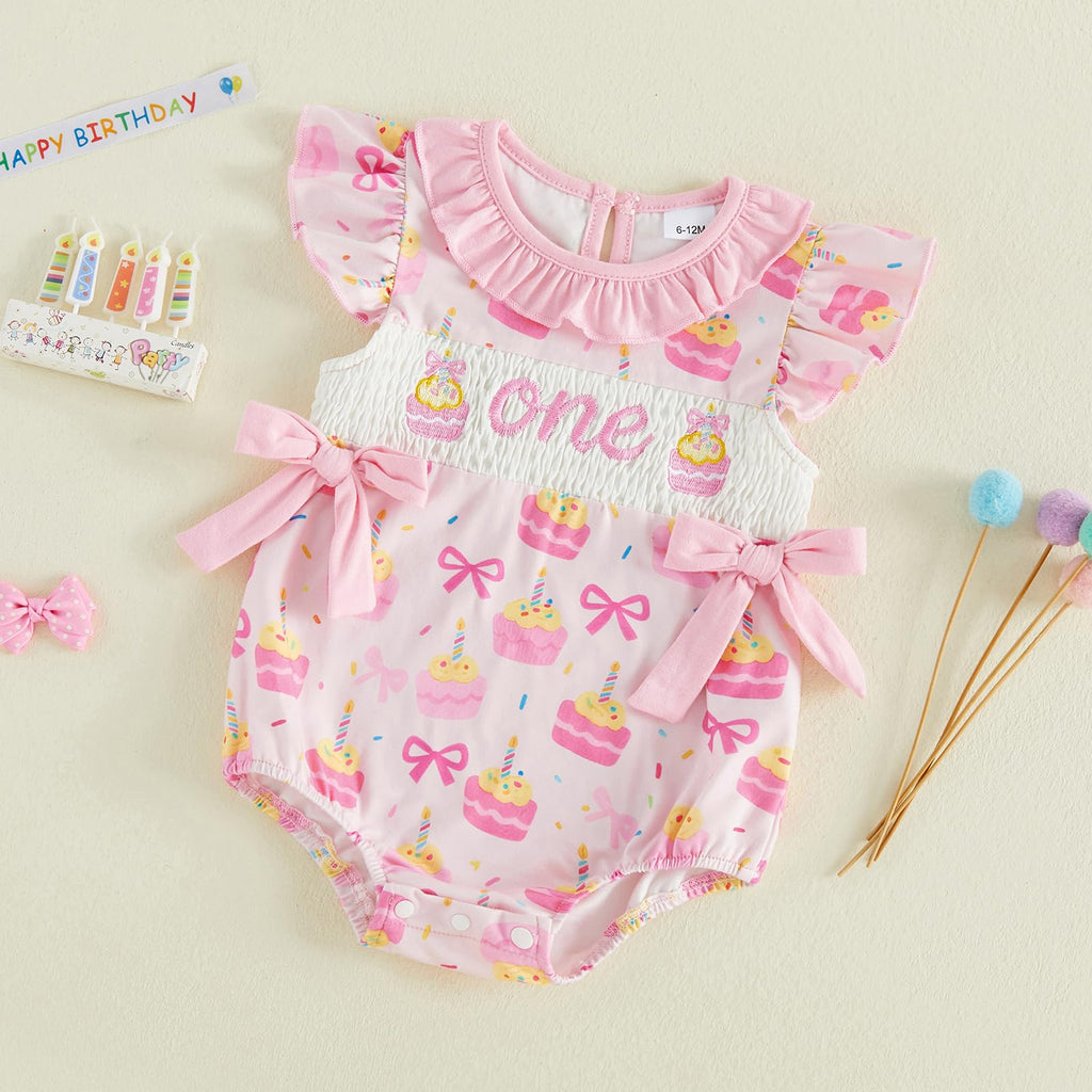 BemeyourBBs Baby Girl First Birthday Outfit 1st Birthday Cake Smocked Romper Jumpsuit One Year Clothes