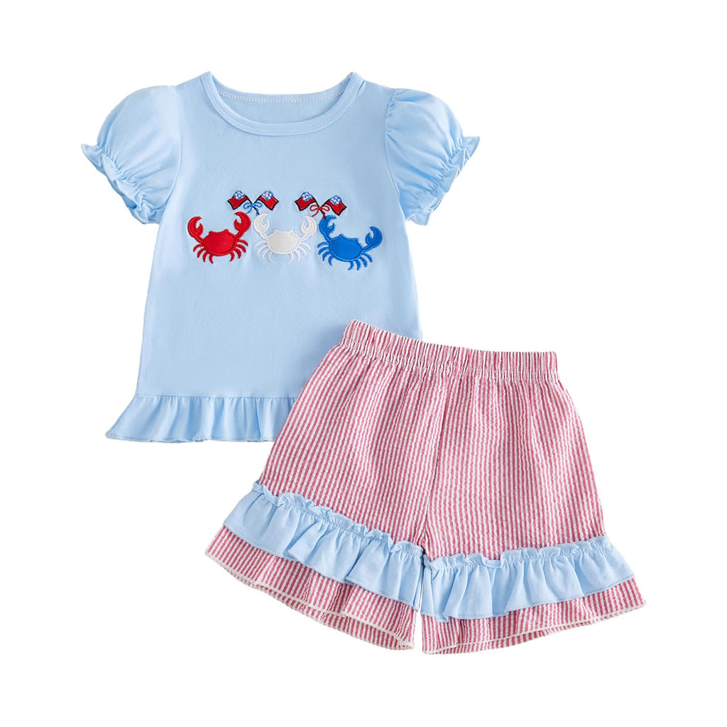 Toddler Girl 4th of July Outfit American Flag Embroidery T Shirt Top Ruffle Shorts Baby Independence Day Set 6M-4T