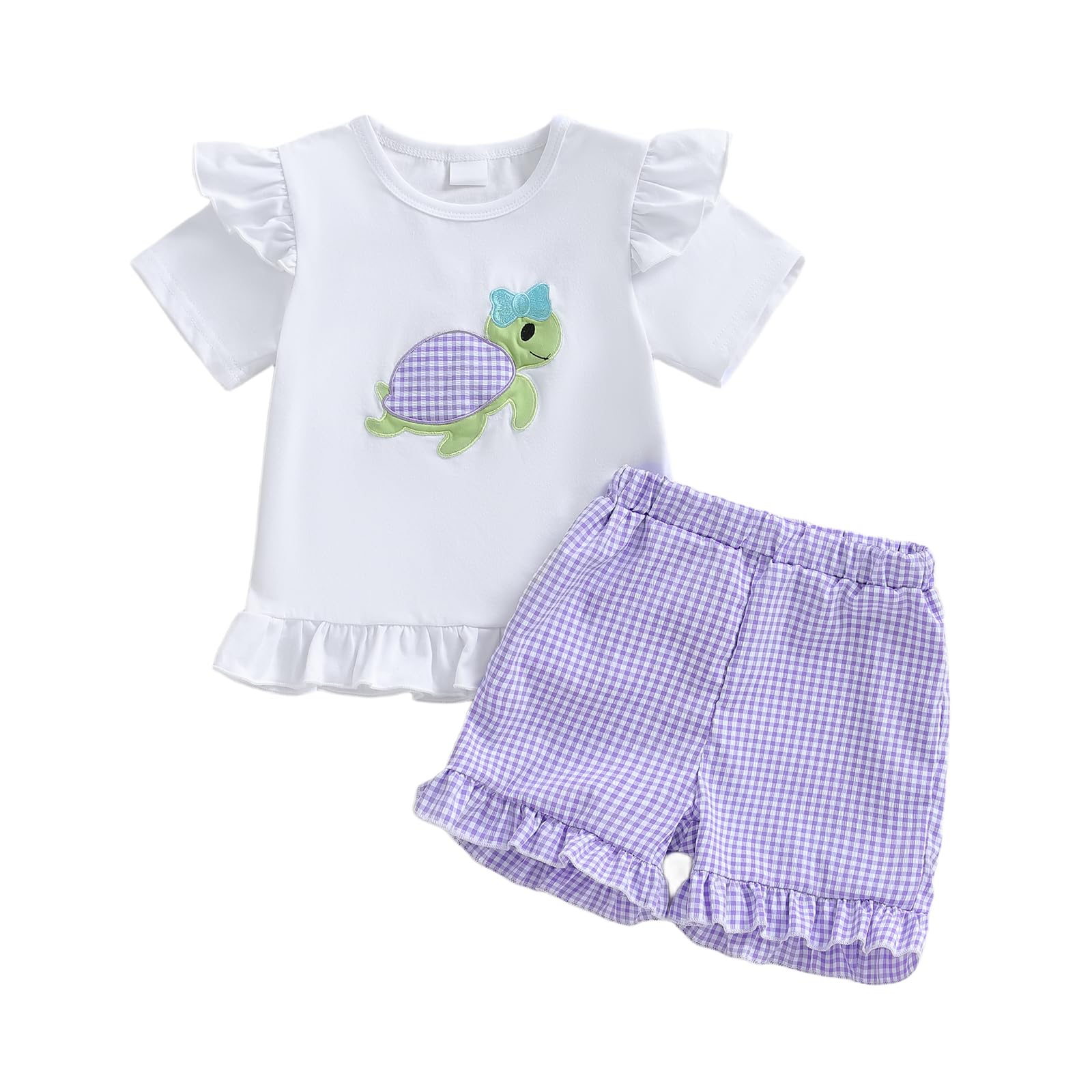 Toddler Baby Girl 2PCS Turtle Embroidered Short Sleeve Tops Elastic Waist Shorts Outfits Set