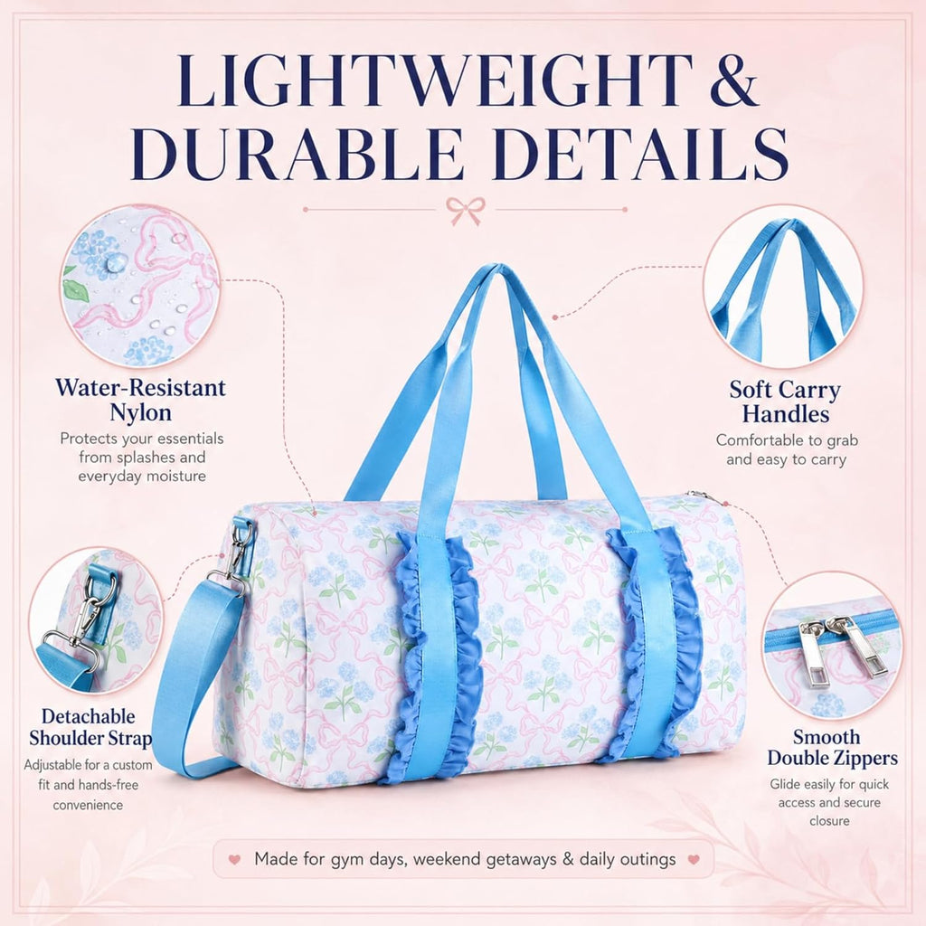 Hsei Blue Floral Bow Duffle Bag for Women Girls, Lightweight Nylon Cute Weekender Overnight Gym Bag with Detachable Shoulder Strap for Travel Dance Ballet Sleepover