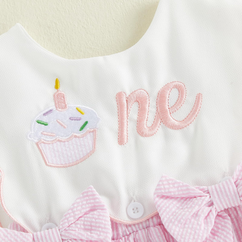 Toddler Baby Girl Birthday Outfit One Cake/Ice Cream/Animal Embroidery Romper Bow Stripe Bodysuit Cake Smash Outfit