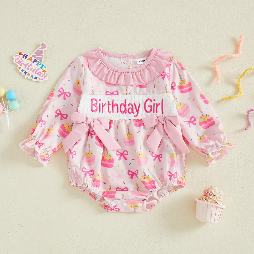 BemeyourBBs Baby Girl First Birthday Outfit 1st Birthday Cake Smocked Romper Jumpsuit One Year Clothes