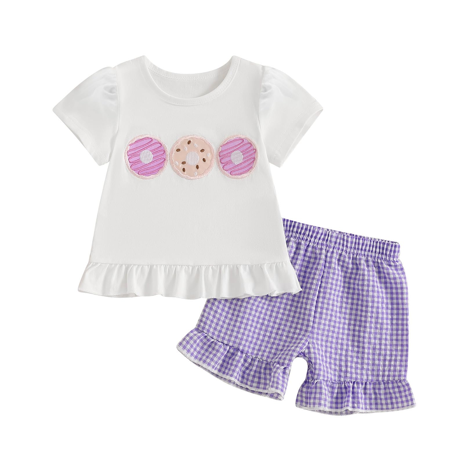 fhutpw Toddler Baby Girls Summer Clothes Smocked Short Sleeve T-Shirt Tops Ruffled Plaid Short Sets Cute Outfits 2Pcs