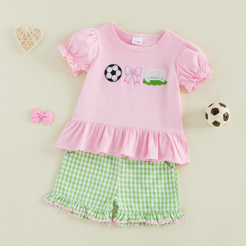 Toddler Baby Girl Golf Outfit Embroidered Ruffle Short Sleeve T Shirt Top Plaid Shorts 2 Piece Set Summer Clothes