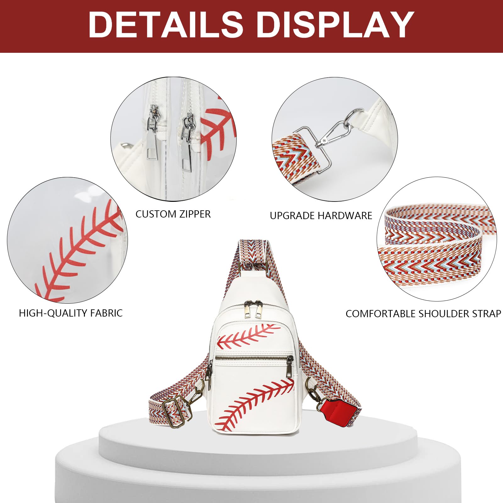 FAYBA Small Sling Bag for Women Crossbody Bag, Baseball Print PU Leather Wide Guitar Strap Chest Sling Backpack Purse