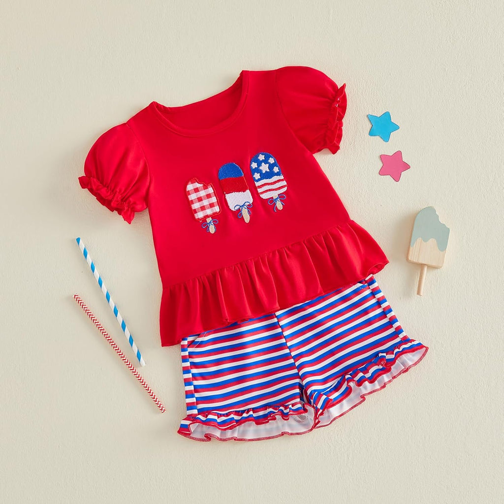 Karuedoo Toddler Baby Girl 4th of July Outfit Popsicle Embroidery Puff Sleeve Ruffle T Shirt Tops Plaid Shorts Set