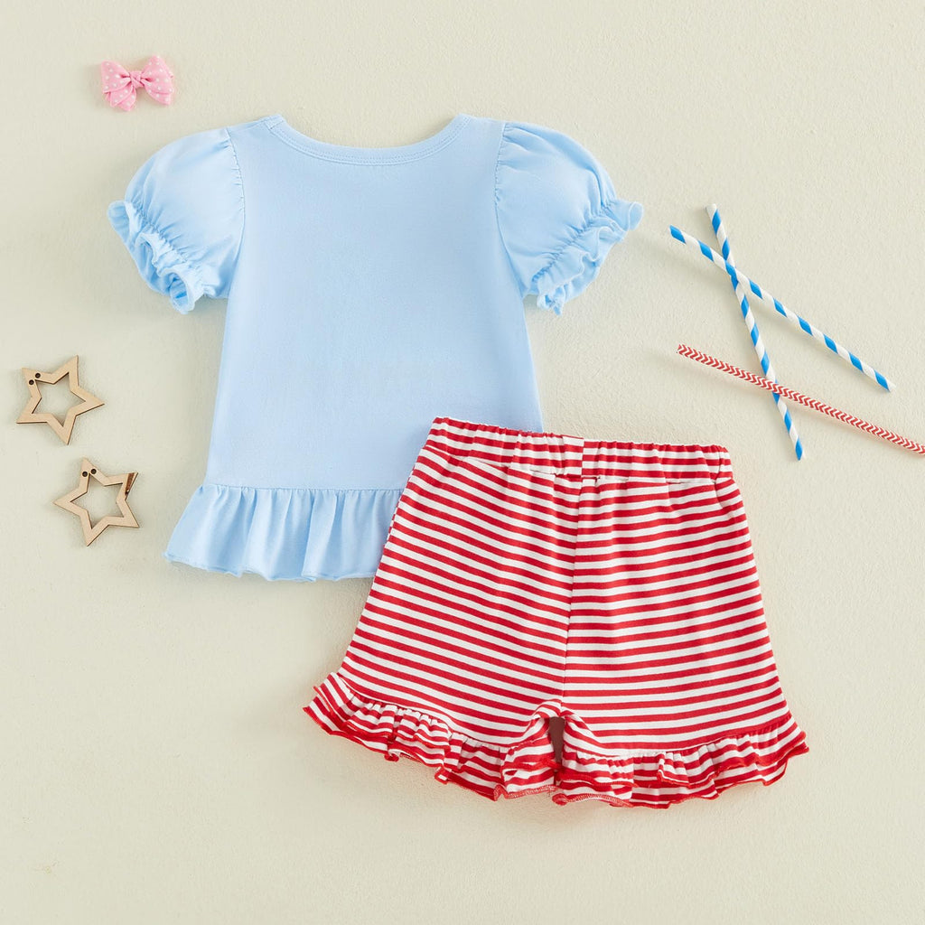 Toddler Girl 4th of July Outfit American Flag Embroidery T Shirt Top Ruffle Shorts Baby Independence Day Set 6M-4T