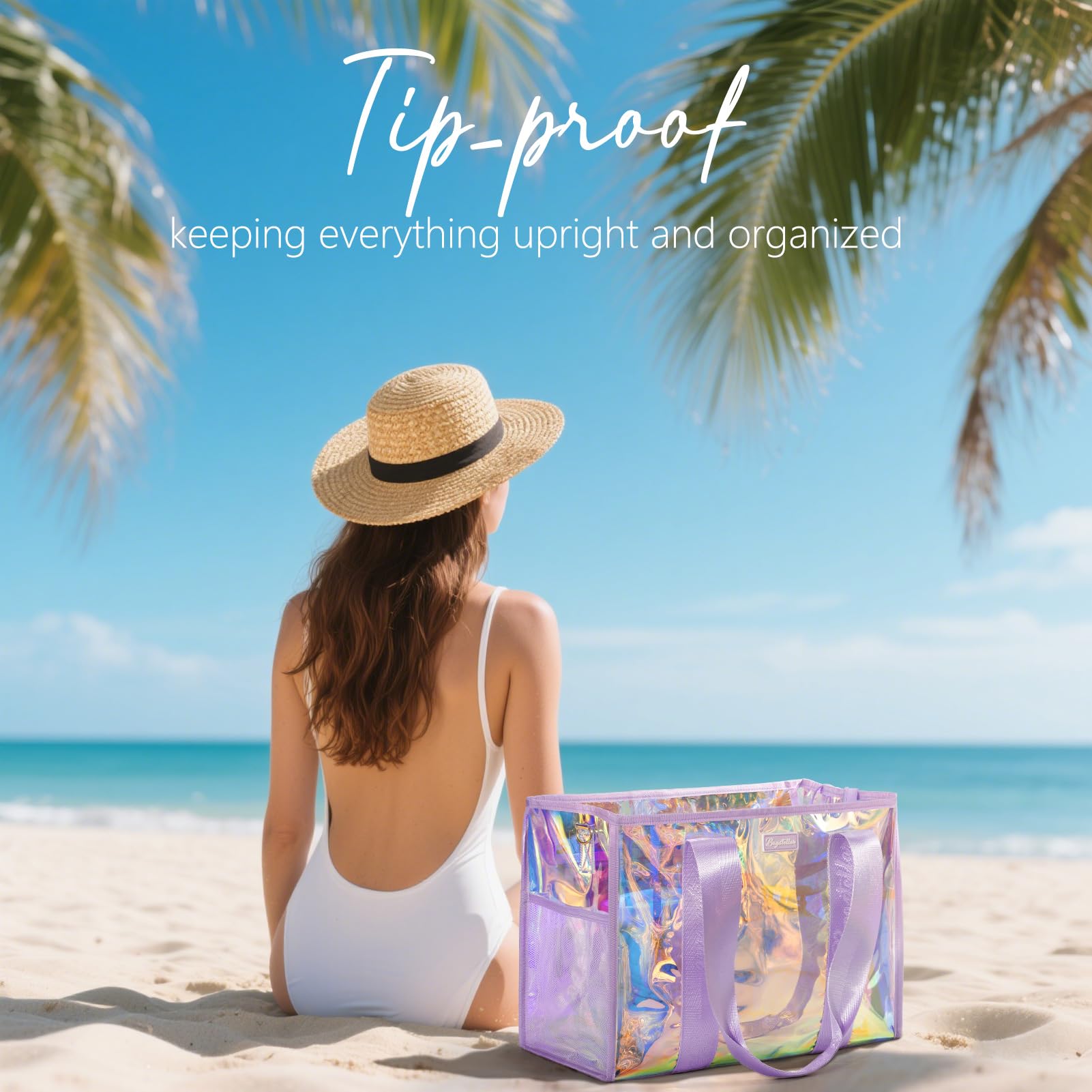 Bagstellar Iridescent Beach Tote Bags for Women, Large Zipper Beach Pool Swim Bag with Makeup Bag & Waterproof Phone Pouch | Waterproof Sandproof