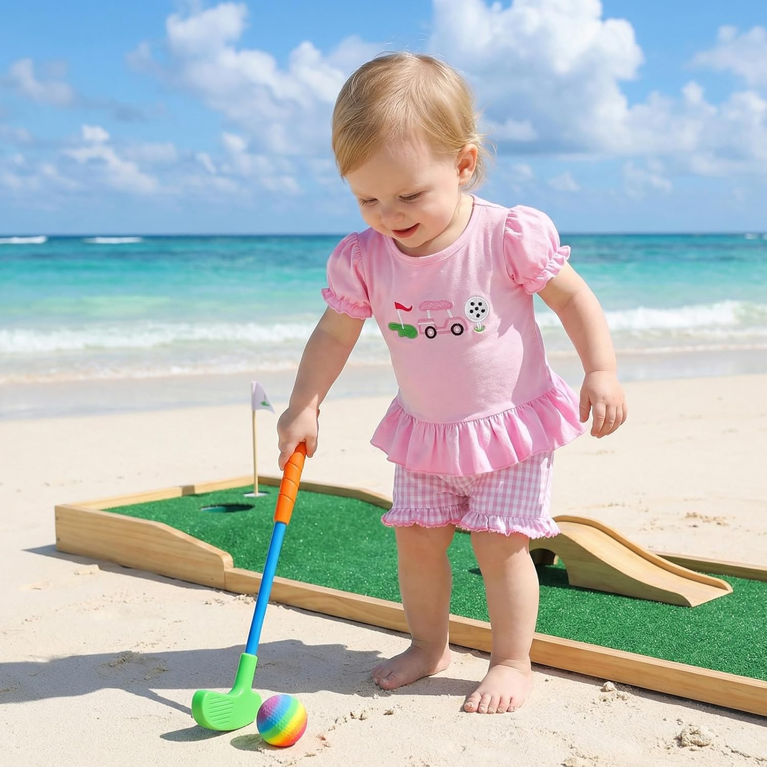 Toddler Baby Girl Golf Outfit Embroidered Ruffle Short Sleeve T Shirt Top Plaid Shorts 2 Piece Set Summer Clothes