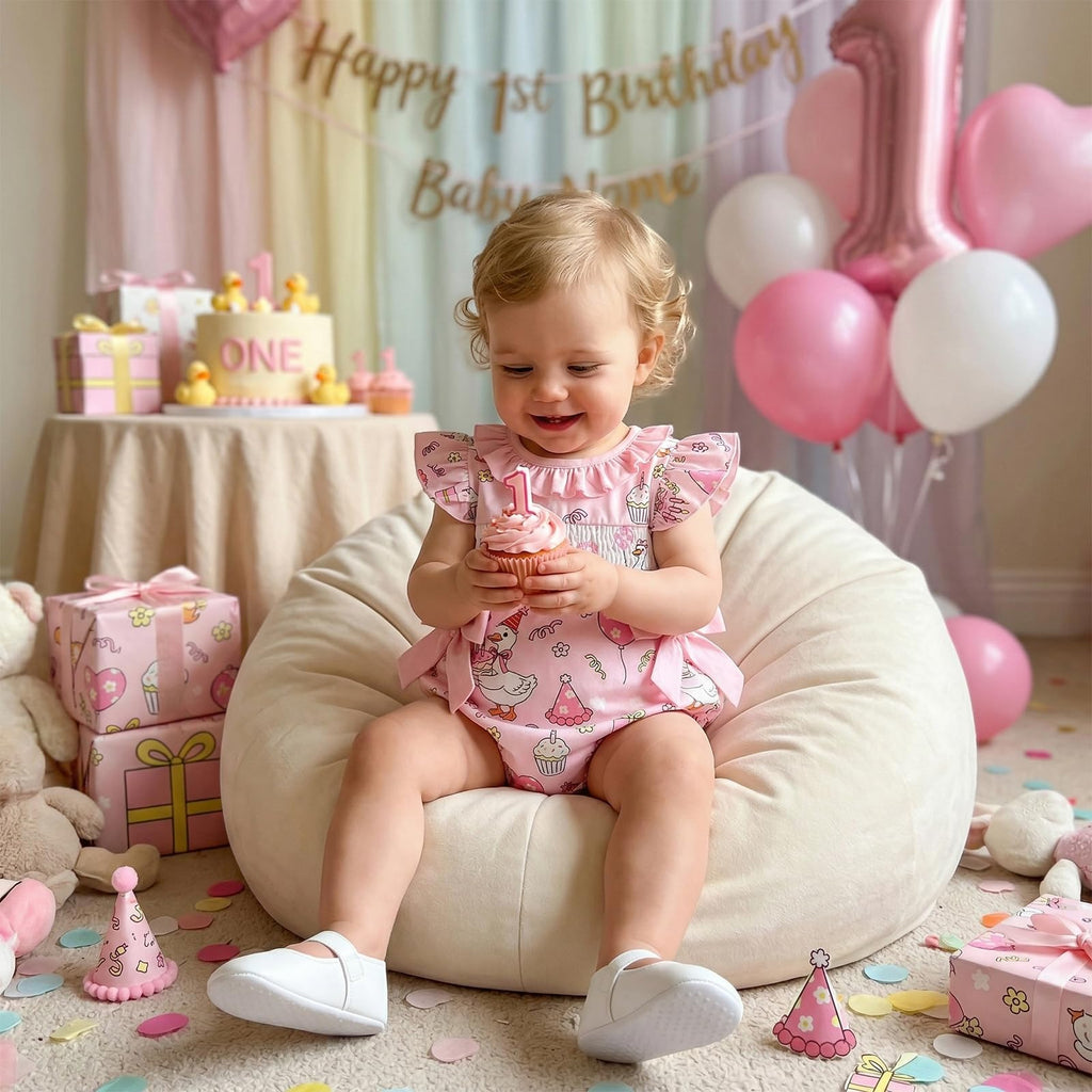 BemeyourBBs Baby Girl First Birthday Outfit 1st Birthday Cake Smocked Romper Jumpsuit One Year Clothes
