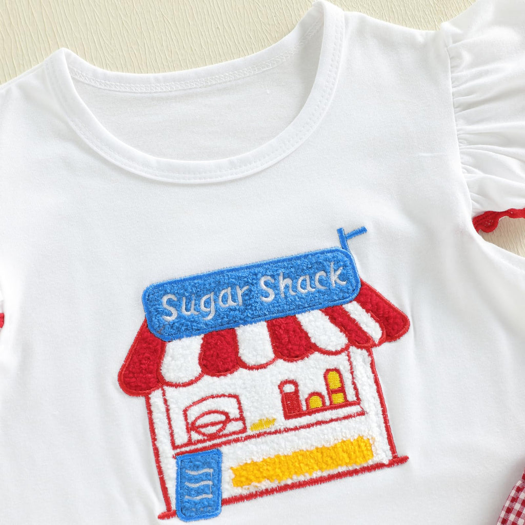 Toddler Baby Girl Outfit Summer Fly Sleeve Dessert House/Floral Embroidery T-shirt Top Shorts Pants 2PCS Clothes Set