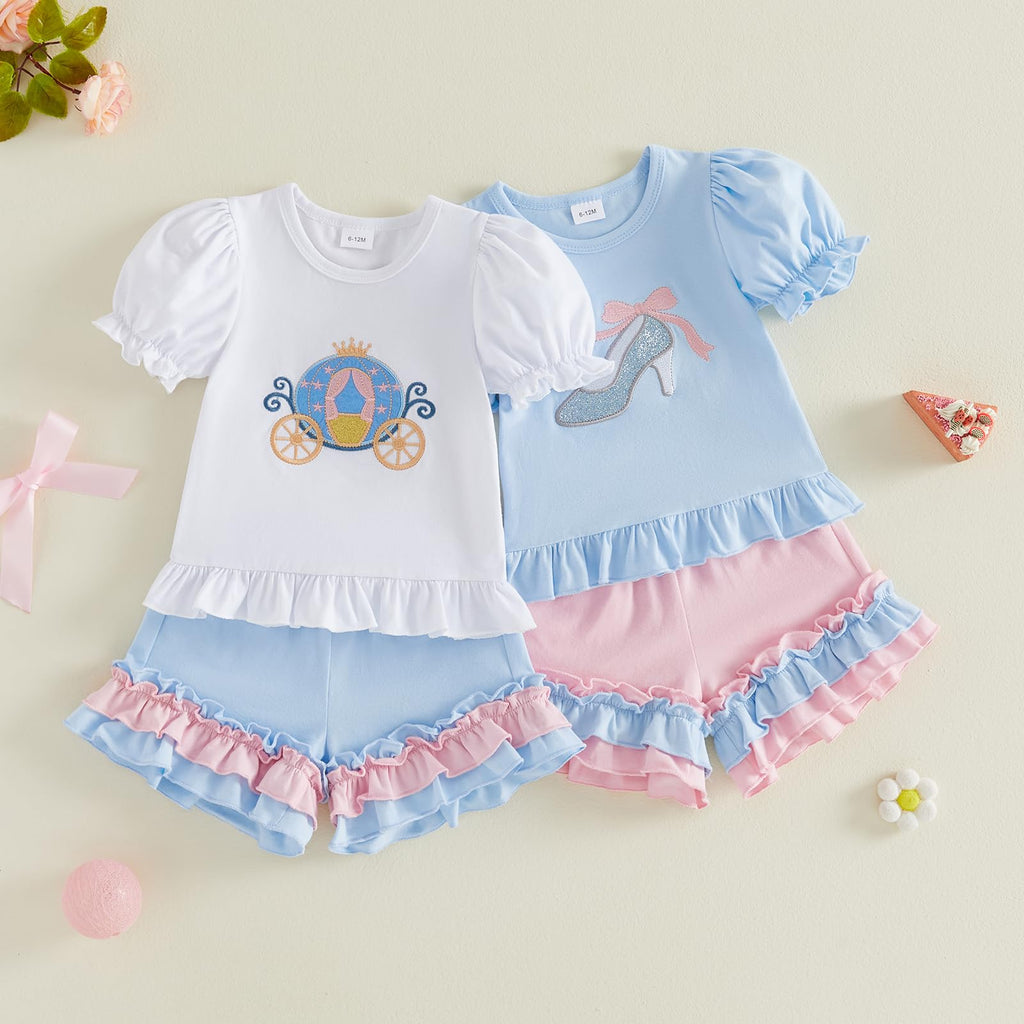 Toddler Baby Girl Summer Outfit Princess Car Embroidered Ruffled Puff Sleeve Tops Shorts Set 2Pcs Infant Clothes