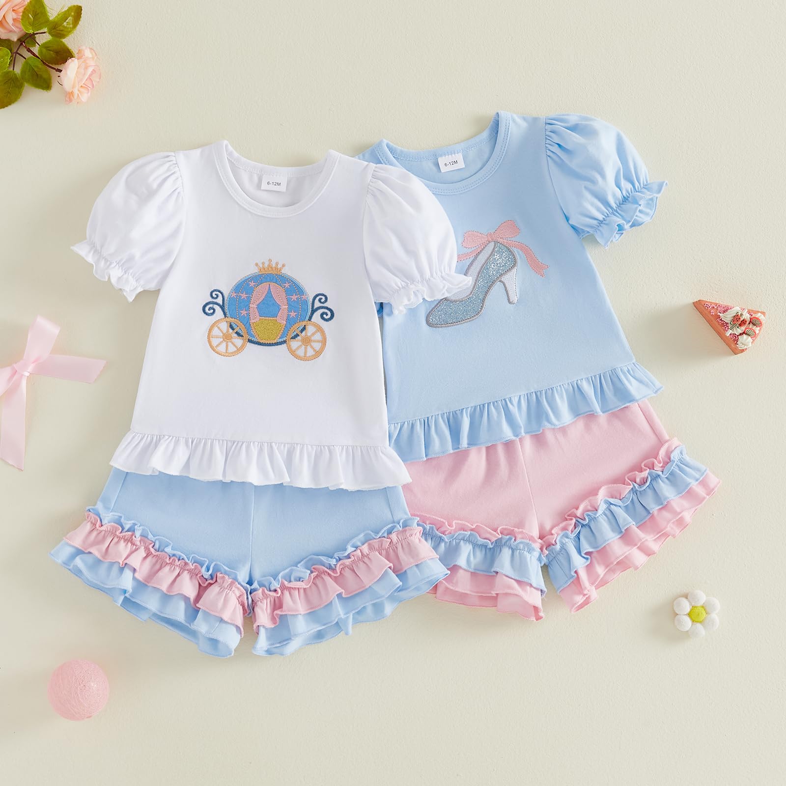 Toddler Baby Girl Summer Outfit Princess Car Embroidered Ruffled Puff Sleeve Tops Shorts Set 2Pcs Infant Clothes