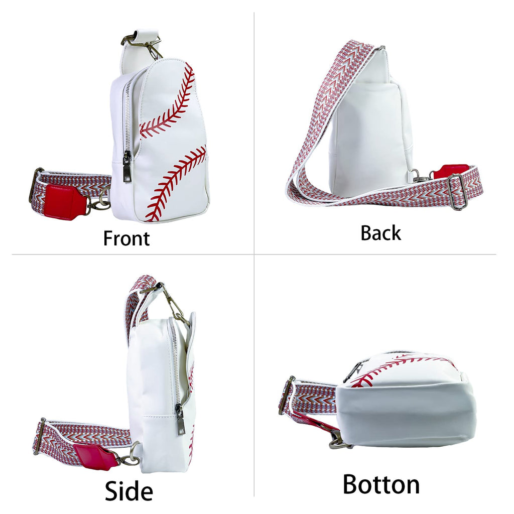 FAYBA Small Sling Bag for Women Crossbody Bag, Baseball Print PU Leather Wide Guitar Strap Chest Sling Backpack Purse