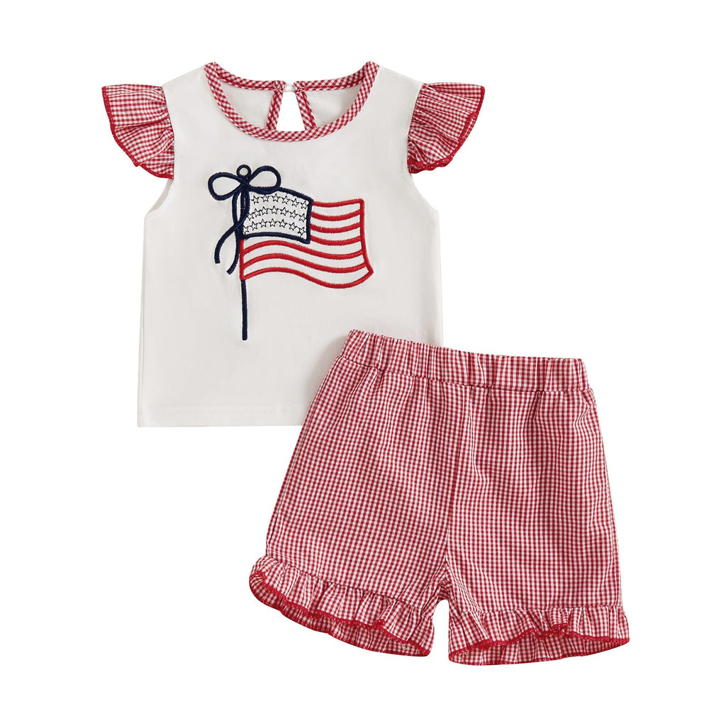 fhutpw Toddler Baby Girls Summer Clothes Smocked Short Sleeve T-Shirt Tops Ruffled Plaid Short Sets Cute Outfits 2Pcs
