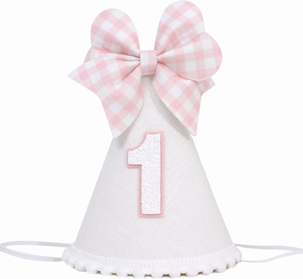Pink Bow 1st Birthday Hat for Girls - Pink and White Theme First Brithday Decorations, Sweet One Theme Party Hat, Baby Girl Bday Decor (1st birthday hat)