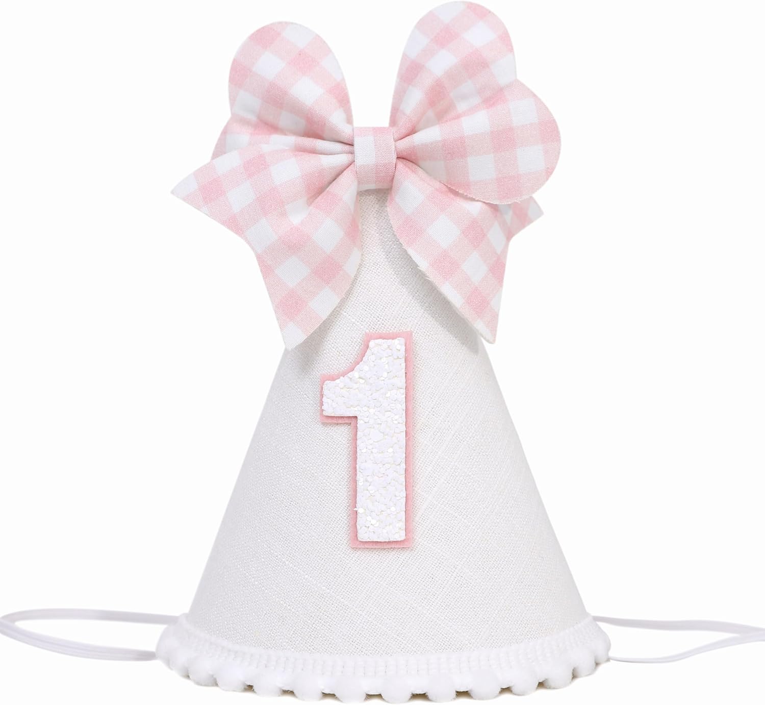 Pink Bow 1st Birthday Hat for Girls - Pink and White Theme First Brithday Decorations, Sweet One Theme Party Hat, Baby Girl Bday Decor (1st birthday hat)