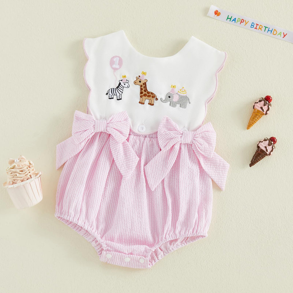 Toddler Baby Girl Birthday Outfit One Cake/Ice Cream/Animal Embroidery Romper Bow Stripe Bodysuit Cake Smash Outfit
