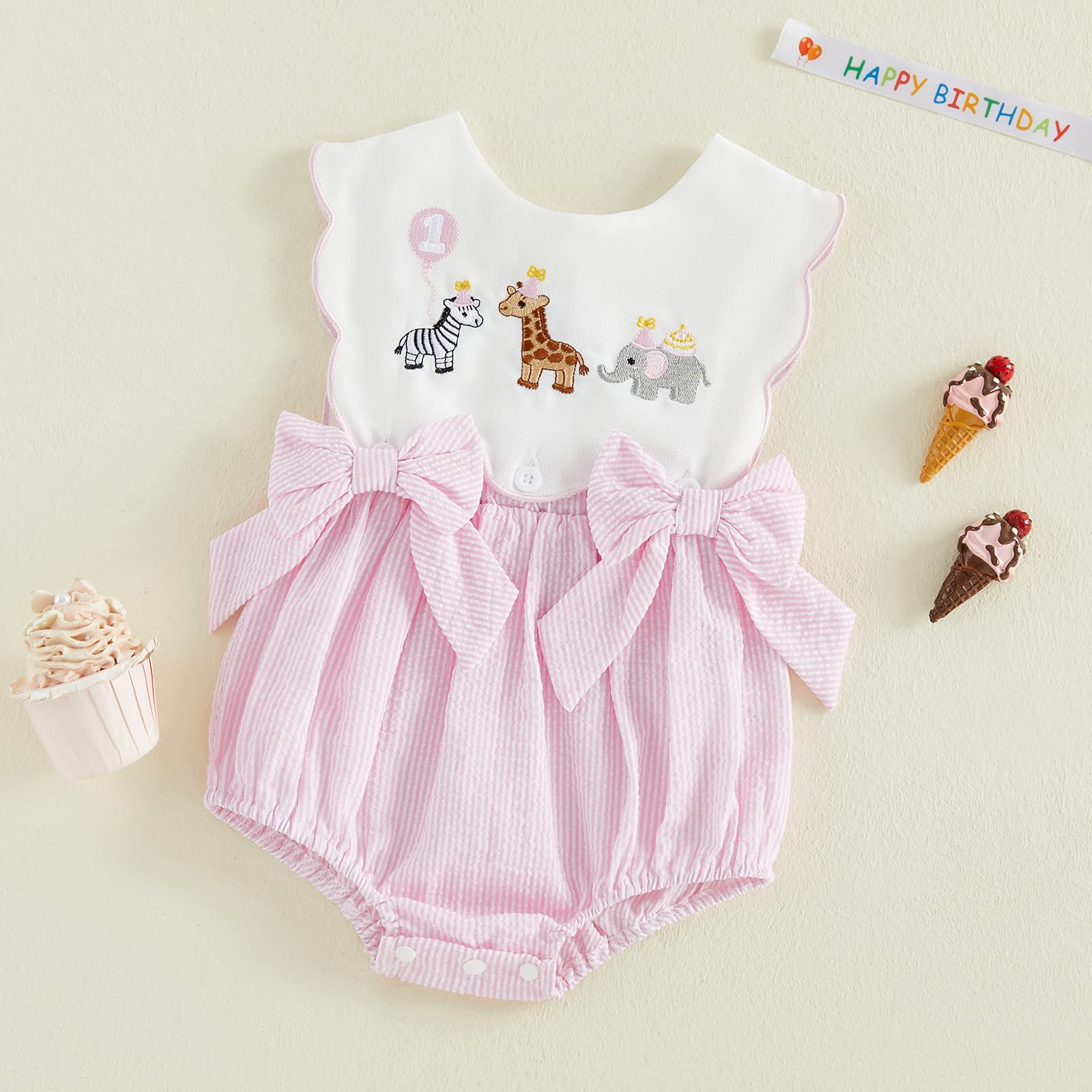 Toddler Baby Girl Birthday Outfit One Cake/Ice Cream/Animal Embroidery Romper Bow Stripe Bodysuit Cake Smash Outfit