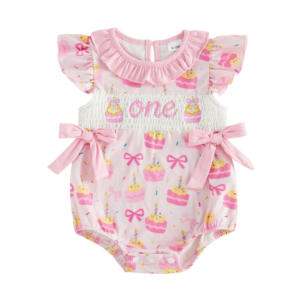 BemeyourBBs Baby Girl First Birthday Outfit 1st Birthday Cake Smocked Romper Jumpsuit One Year Clothes