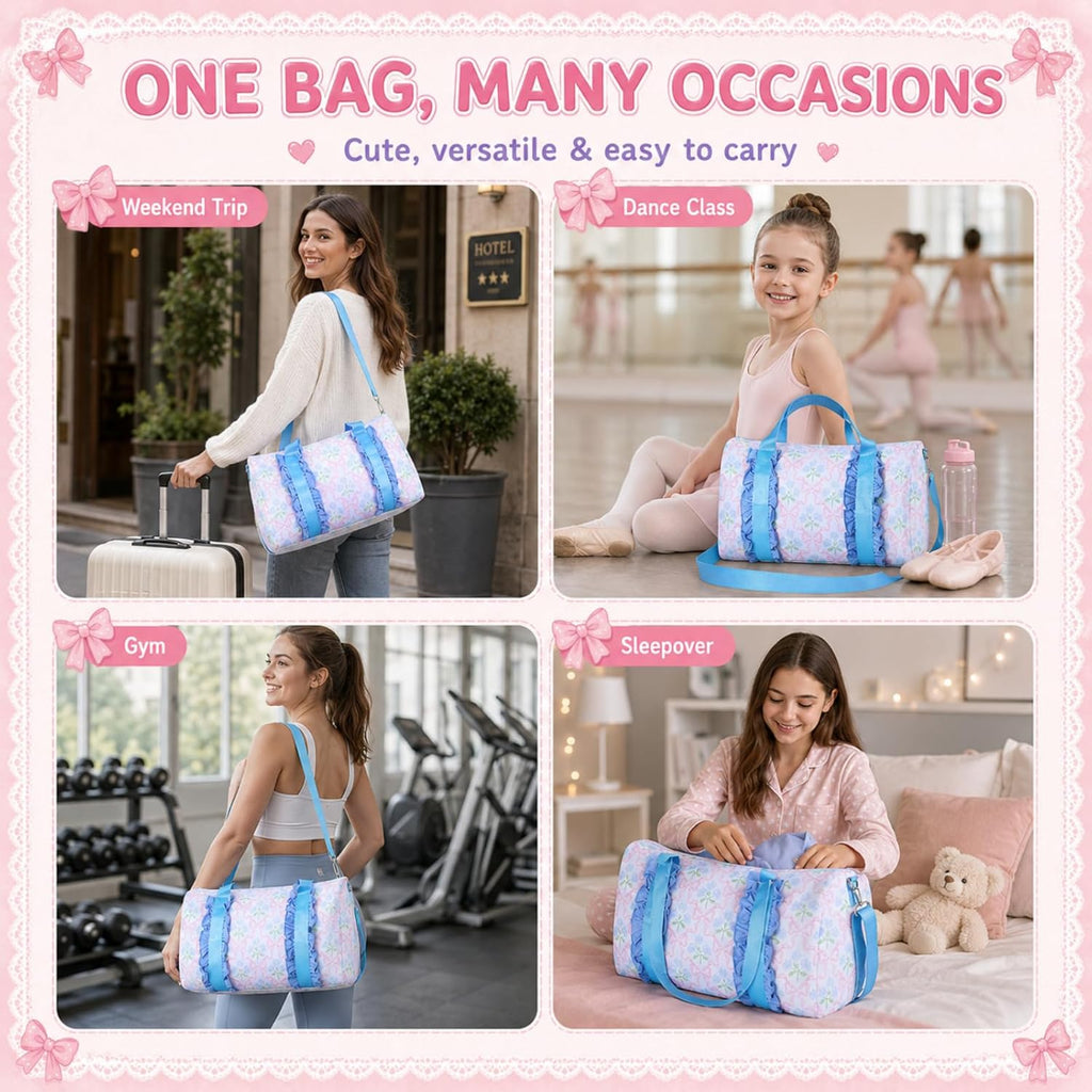 Hsei Blue Floral Bow Duffle Bag for Women Girls, Lightweight Nylon Cute Weekender Overnight Gym Bag with Detachable Shoulder Strap for Travel Dance Ballet Sleepover