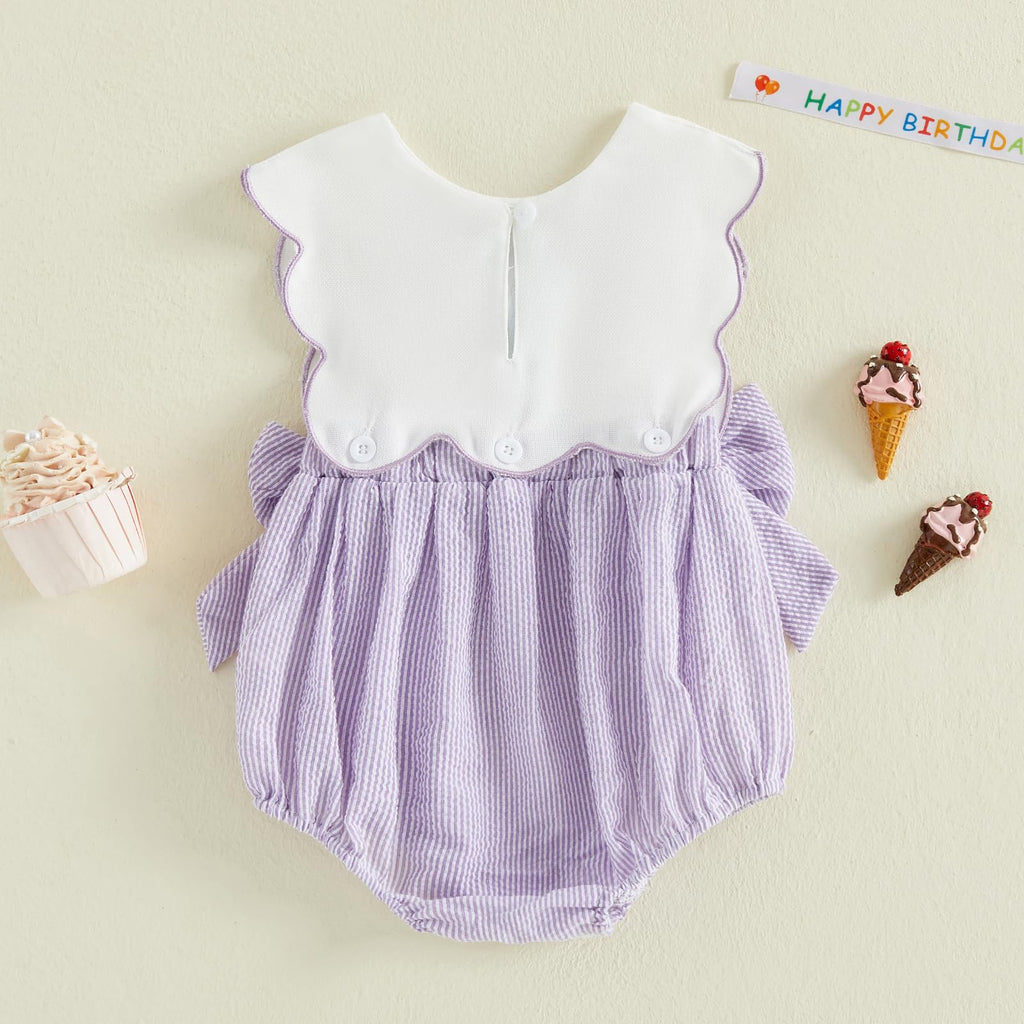 Toddler Baby Girl Birthday Outfit One Cake/Ice Cream/Animal Embroidery Romper Bow Stripe Bodysuit Cake Smash Outfit