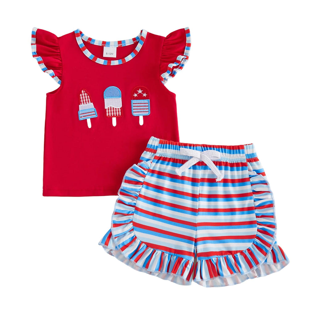Toddler Girl 4th of July Outfit American Flag Embroidery T Shirt Top Ruffle Shorts Baby Independence Day Set 6M-4T