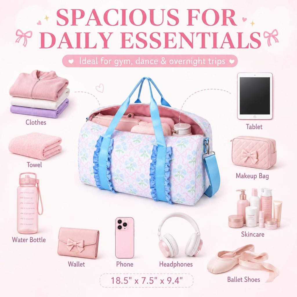 Hsei Blue Floral Bow Duffle Bag for Women Girls, Lightweight Nylon Cute Weekender Overnight Gym Bag with Detachable Shoulder Strap for Travel Dance Ballet Sleepover