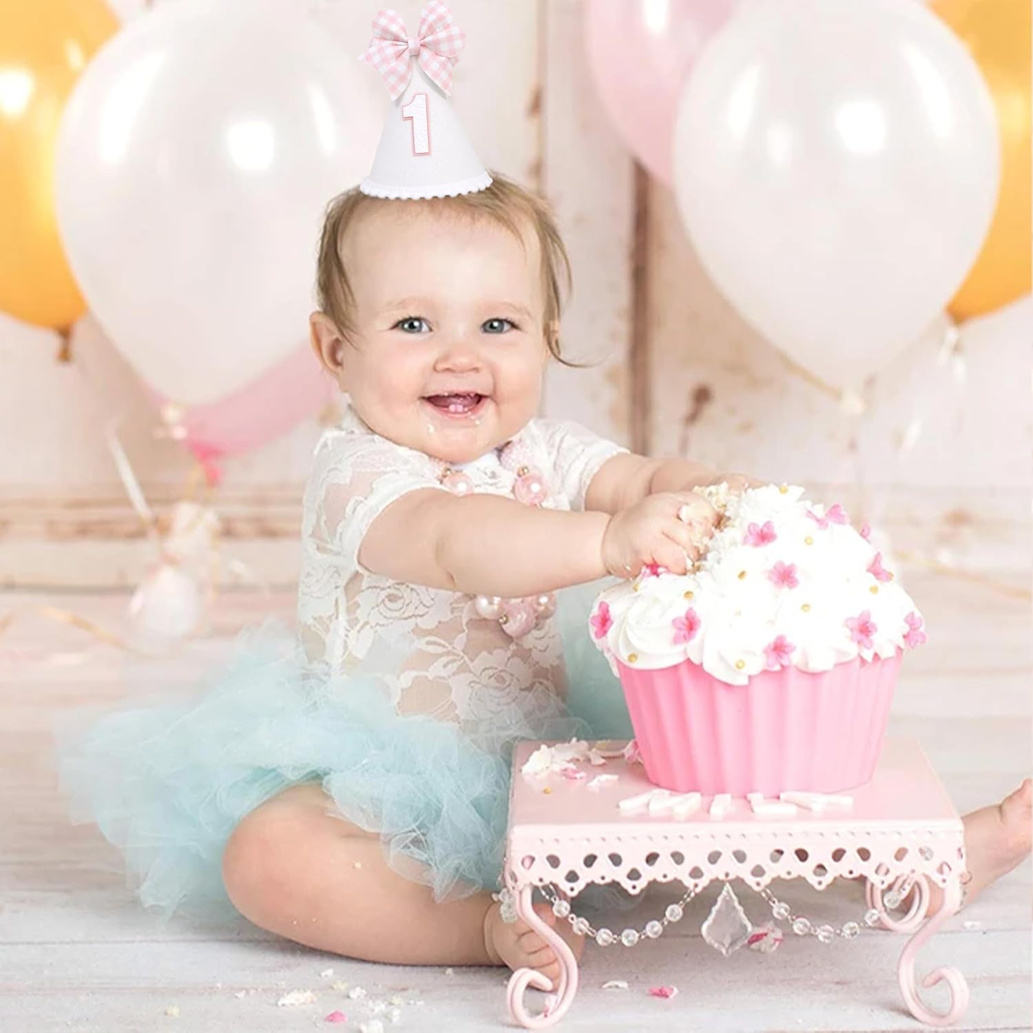 Pink Bow 1st Birthday Hat for Girls - Pink and White Theme First Brithday Decorations, Sweet One Theme Party Hat, Baby Girl Bday Decor (1st birthday hat)